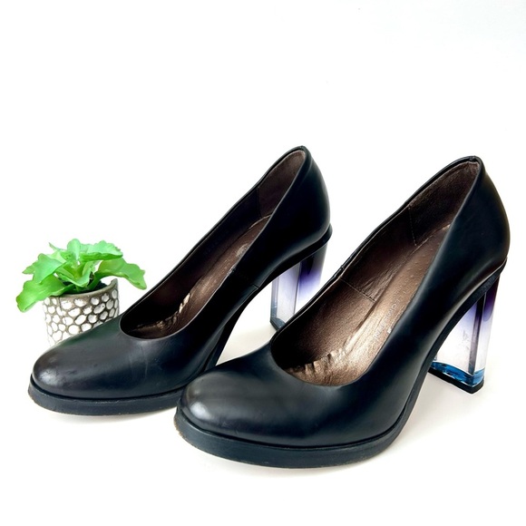 AGL Attilio Giusti Leombruni Lucite Heel Pumps Black Leather Platform Size 39 - Picture 3 of 13
